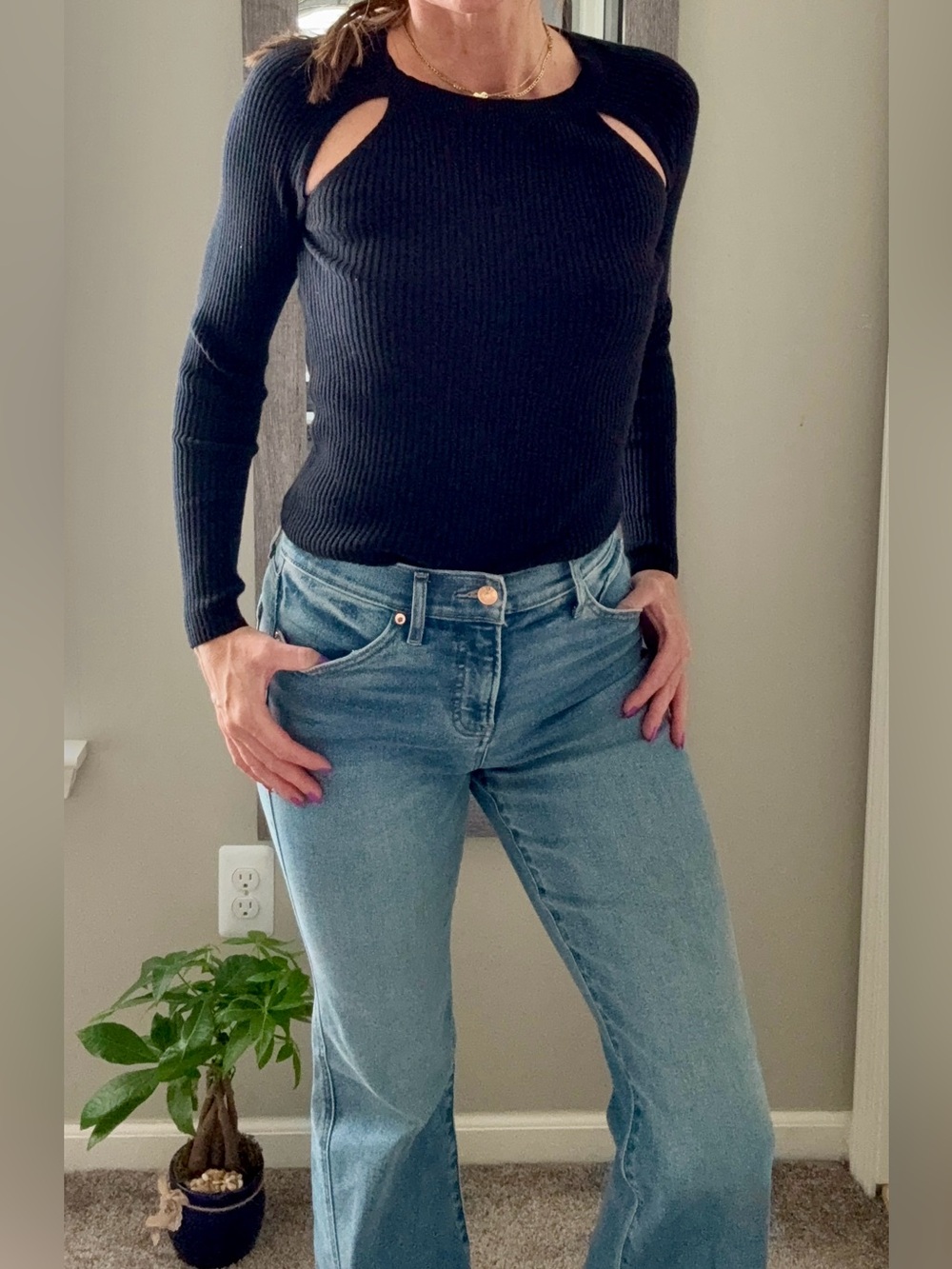 Old Navy Black Ribbed Long-Sleeve Top with Shoulder Cutouts